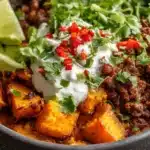 Colorful Sweet Potato Taco Bowl with fresh vegetables and toppings
