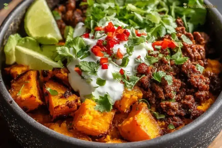 Colorful Sweet Potato Taco Bowl with fresh vegetables and toppings