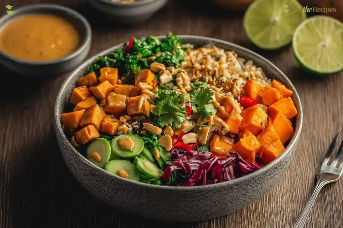 Thai Peanut Sweet Potato Buddha Bowl with fresh vegetables and peanut sauce