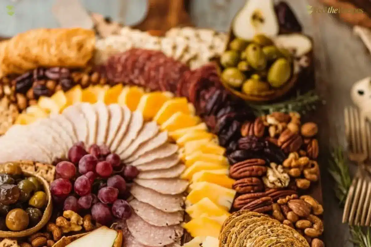 Beautiful Thanksgiving charcuterie board with seasonal ingredients and decorations.