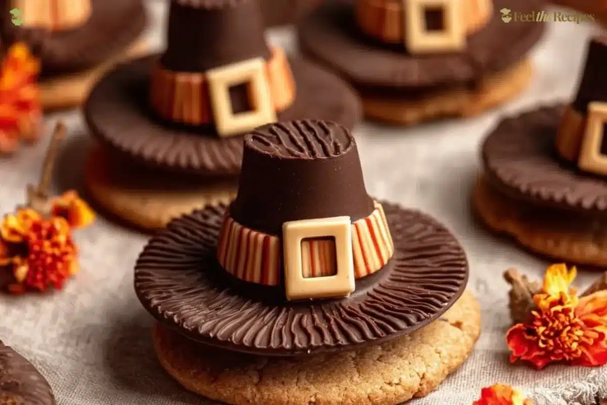 Thanksgiving Pilgrim Hat Cookies decorated with chocolate and candy.