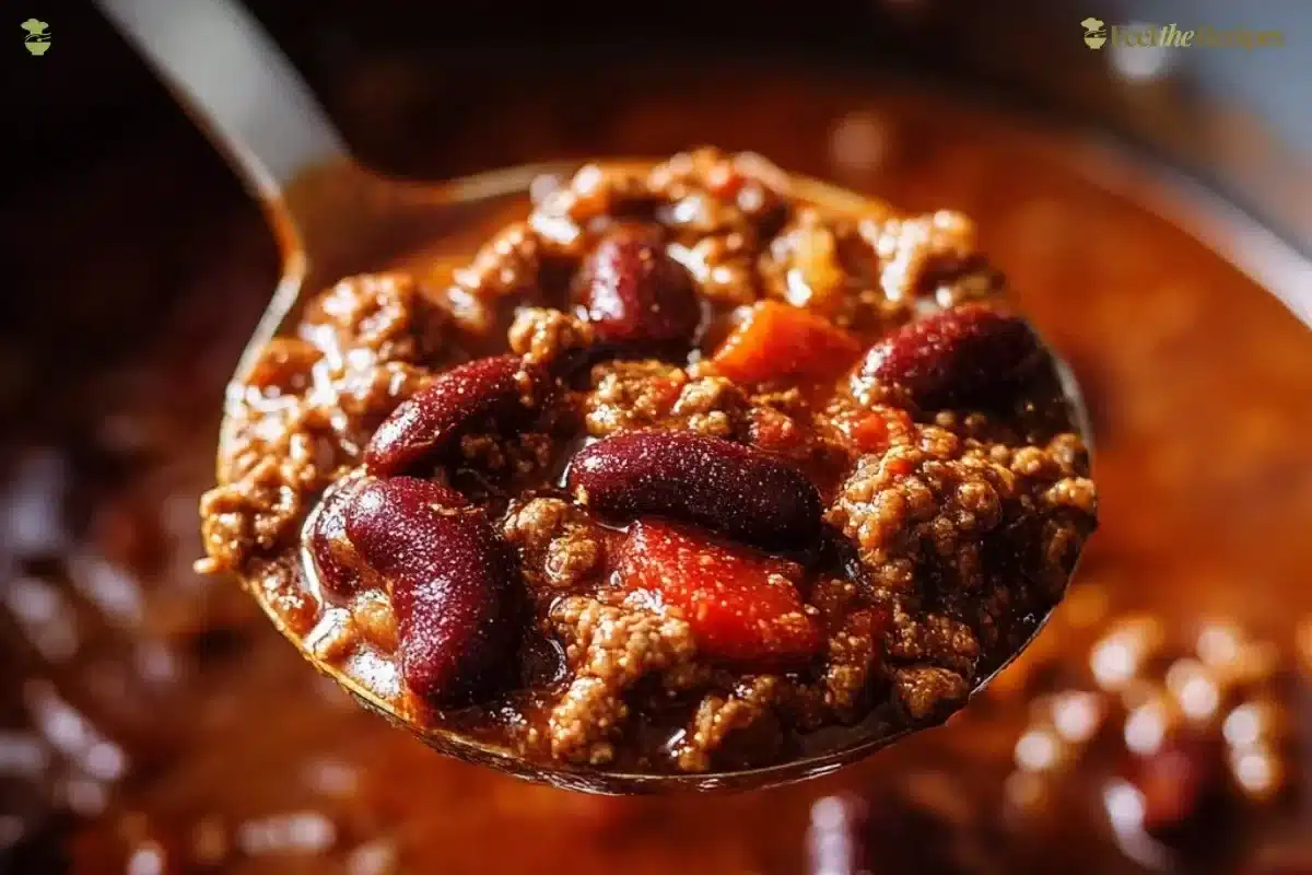A steaming bowl of the best chili recipe garnished with fresh herbs.