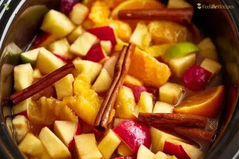 Warm and aromatic crock pot apple cider with spices in a cozy setting