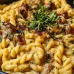 A delicious bowl of crockpot garlic parmesan chicken pasta, garnished with herbs.