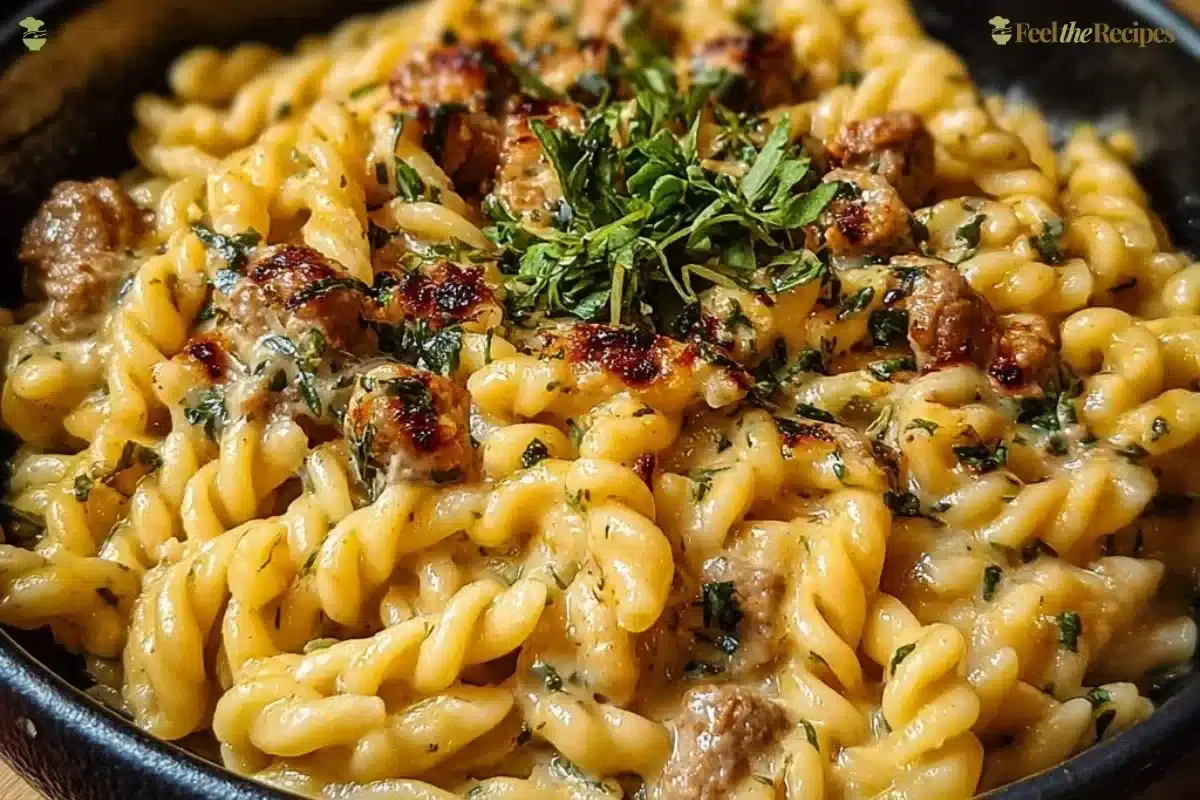 A delicious bowl of crockpot garlic parmesan chicken pasta, garnished with herbs.
