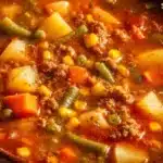 Bowl of homemade Vegetable Beef Soup with assorted vegetables and beef chunks