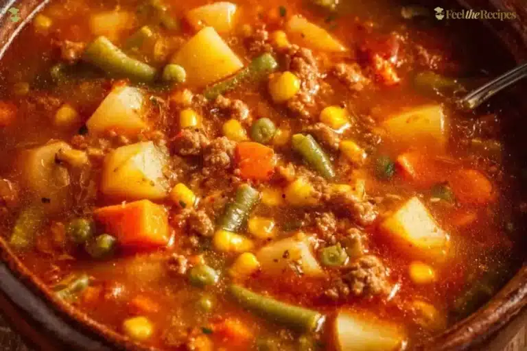 Bowl of homemade Vegetable Beef Soup with assorted vegetables and beef chunks