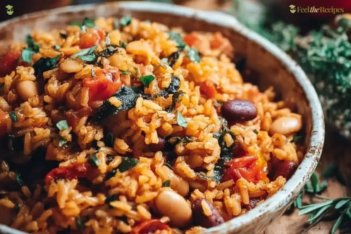 Delicious Mediterranean Rice and Beans served in a bowl with herbs.