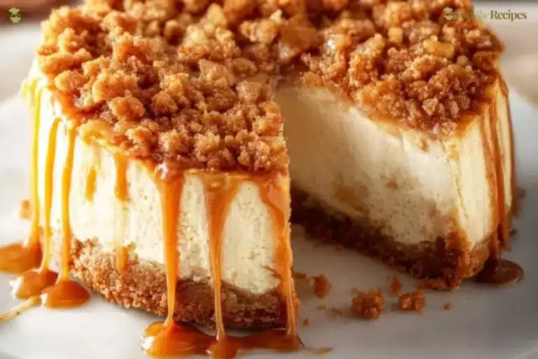 Delicious Apple Crisp Cheesecake topped with crunchy apple crumble