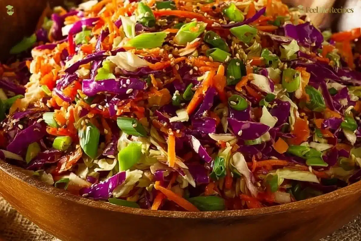 A vibrant Asian Crunch Salad with colorful vegetables and crunchy toppings.