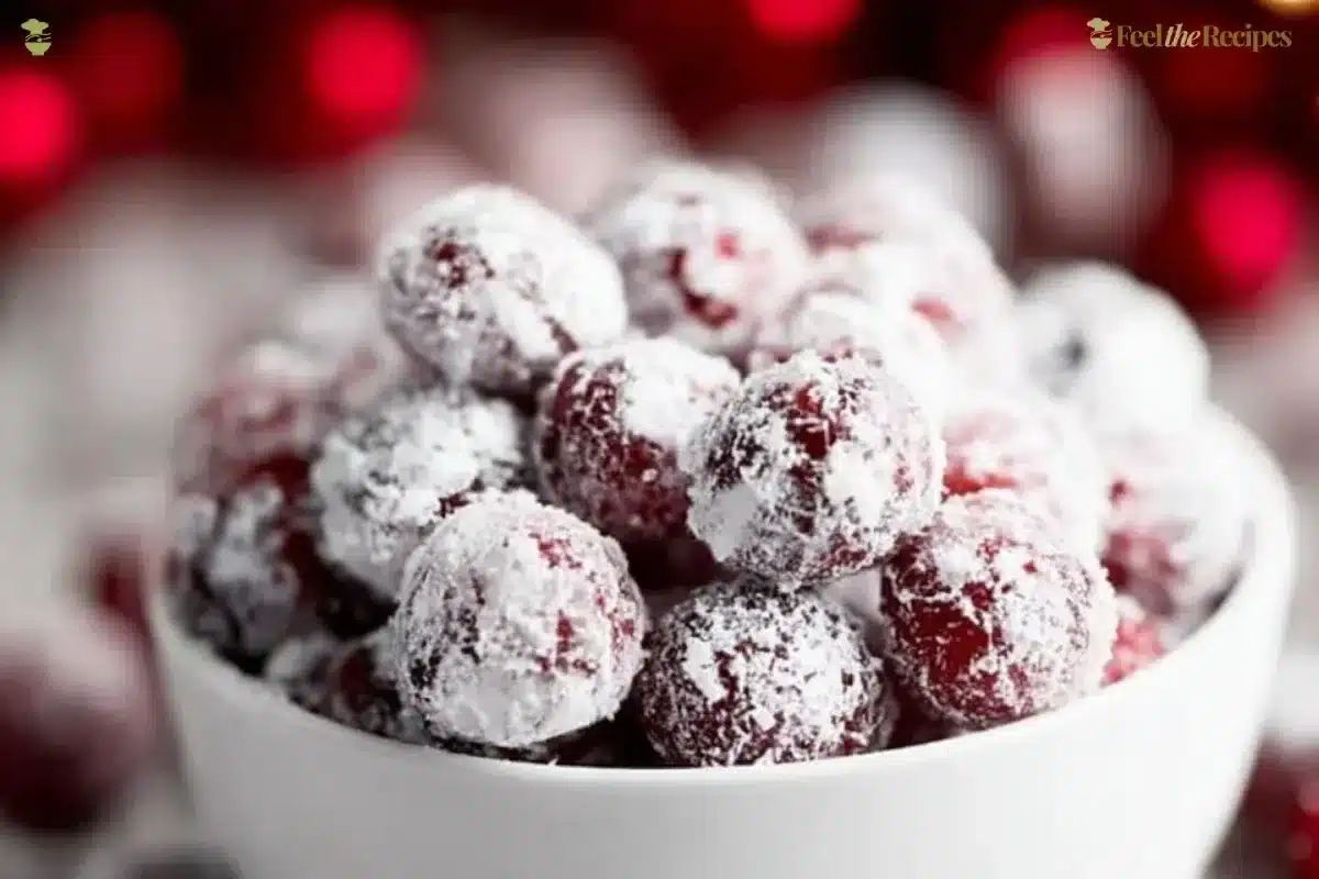 Deliciously sweet and tart candied cranberries on a serving plate.