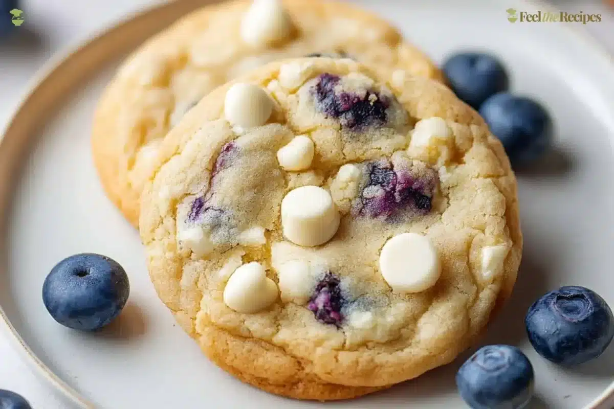 Close-up of blueberry white chocolate chip cookies on a plate