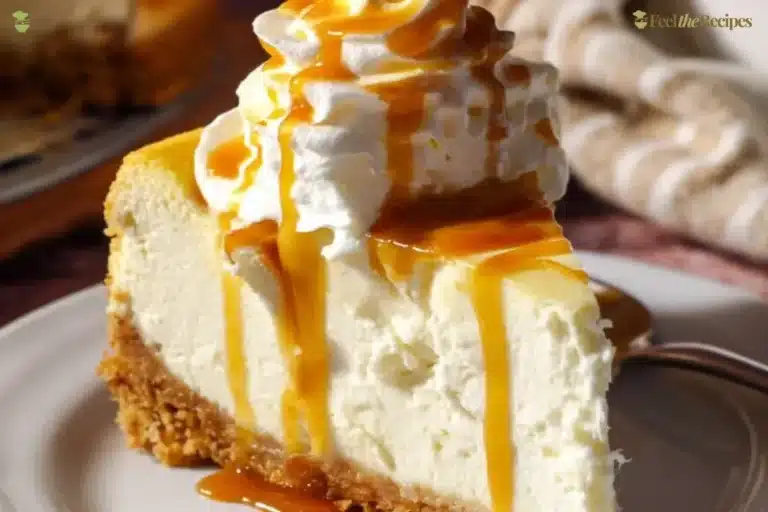 Slice of Butterbeer Cheesecake topped with whipped cream and butterscotch drizzle