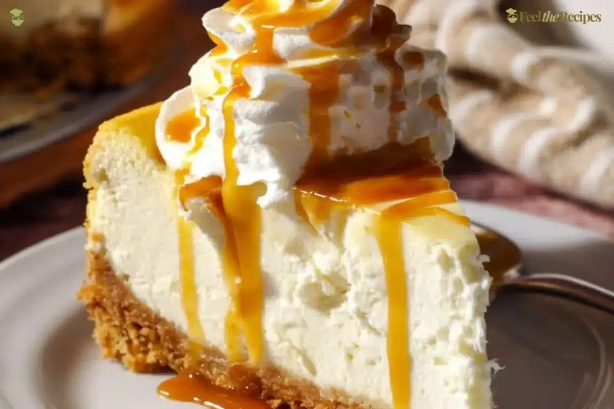 Slice of Butterbeer Cheesecake topped with whipped cream and butterscotch drizzle
