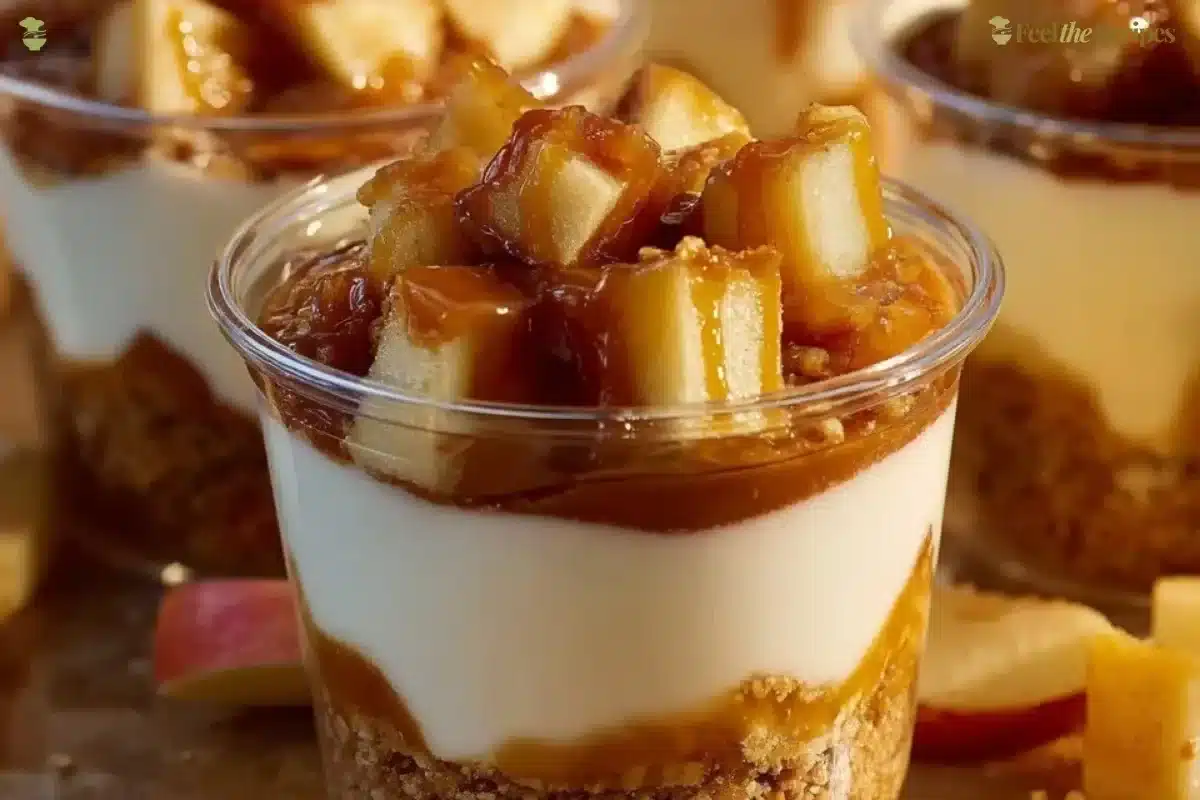 Delicious caramel apple dessert cups topped with whipped cream and cinnamon.