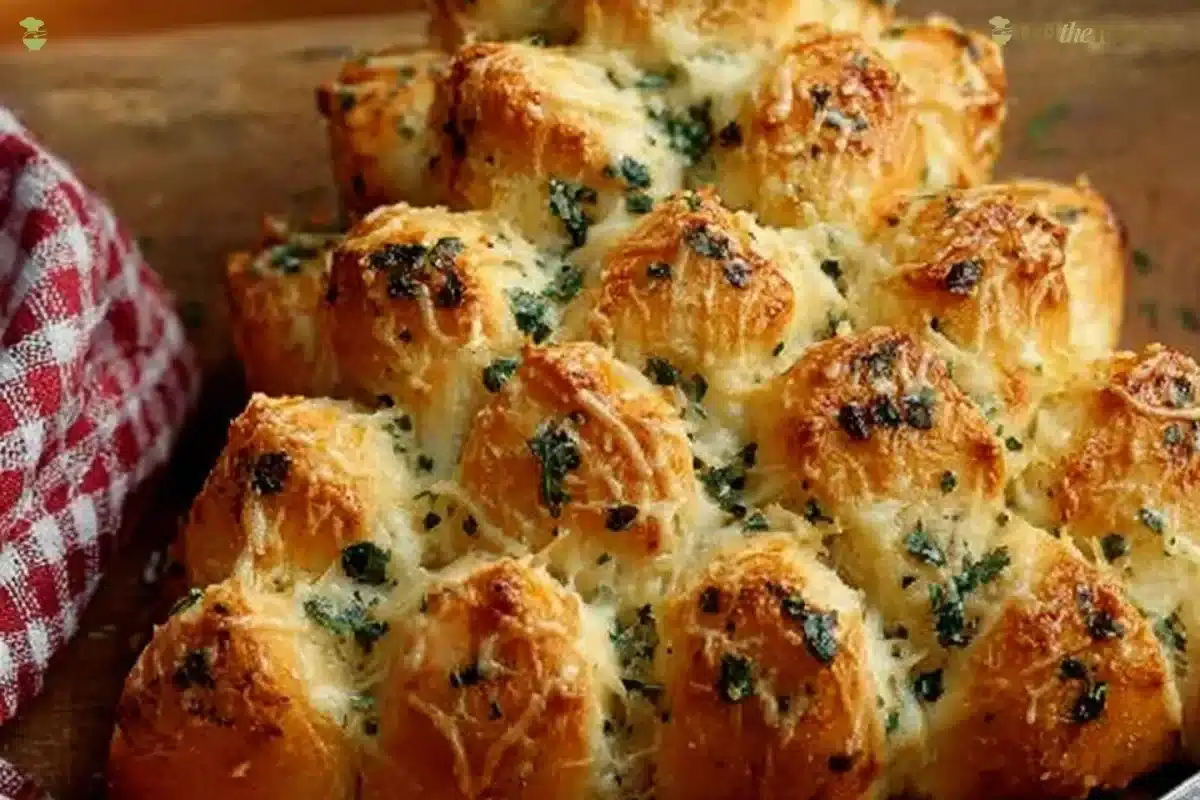 Cheesy Christmas Tree Bread fresh out of the oven, decorated for the holidays