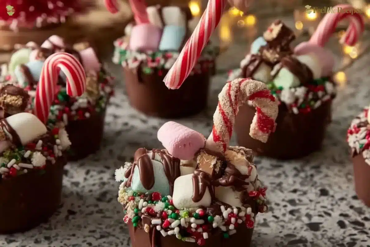 Delicious chocolate hot cups topped with whipped cream and cocoa powder.