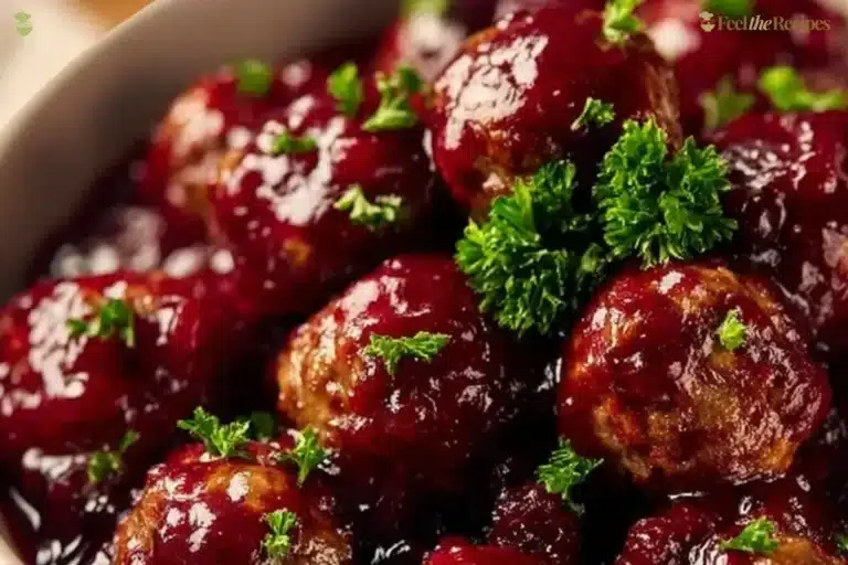 Delicious Christmas cranberry meatballs served on a festive platter.