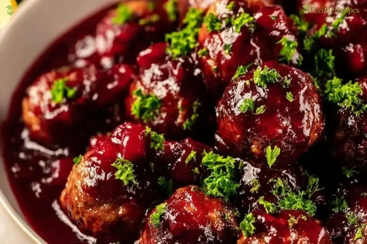 Delicious Christmas Cranberry Meatballs served on a festive plate.