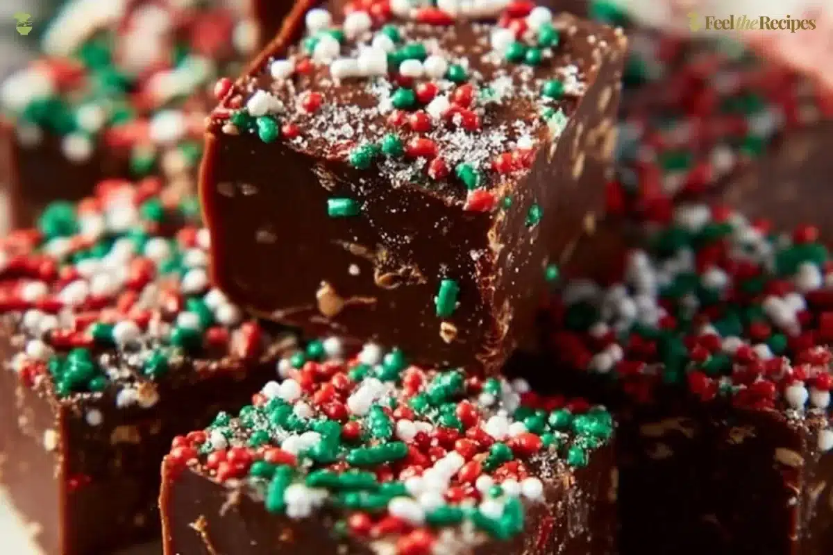 Delicious homemade Christmas Fudge on a festive plate