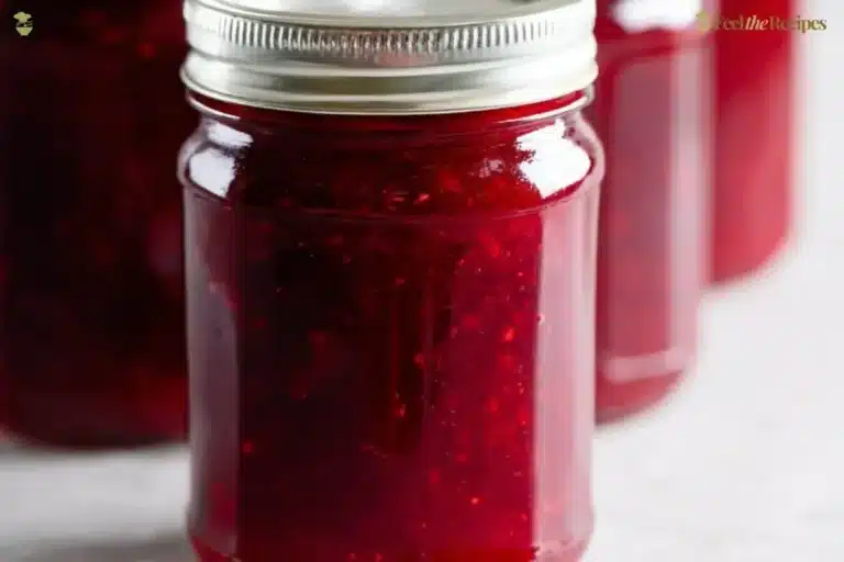 Crockpot Christmas jam recipe ingredients and finished product in a jar.