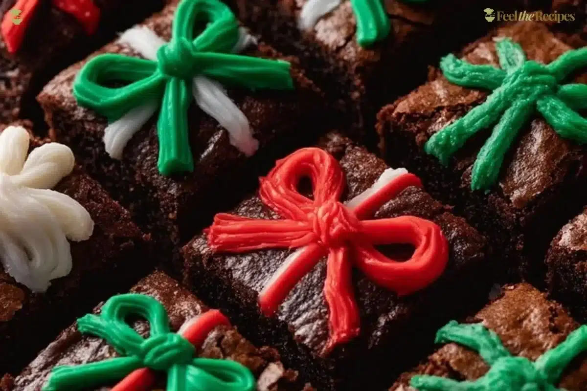 Festively decorated Christmas Present Brownies ready for holiday gifting