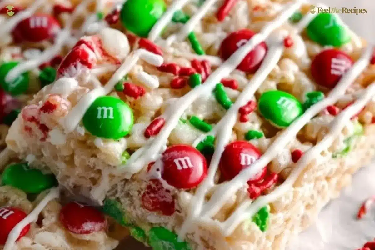 Delicious Christmas Rice Krispie Treats decorated with festive toppings.