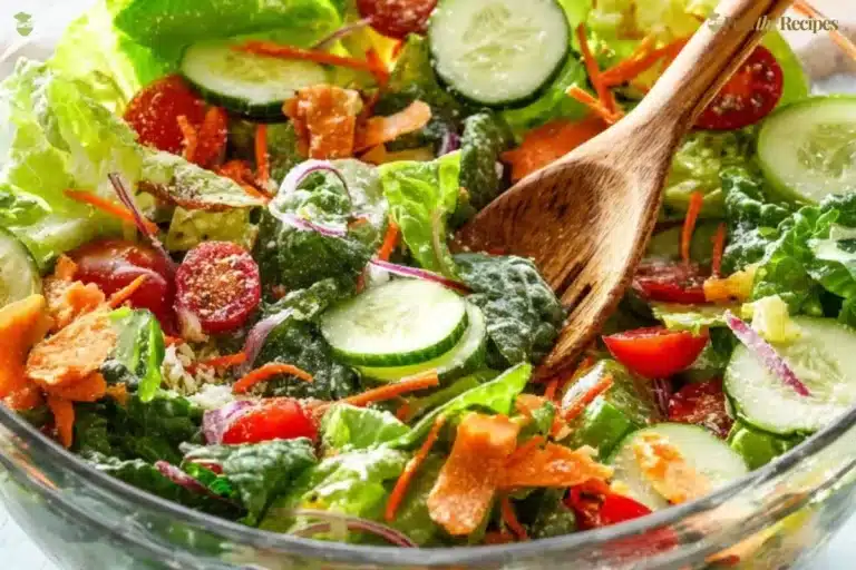 A vibrant classic house salad with lettuce, tomatoes, cucumbers, and dressing.