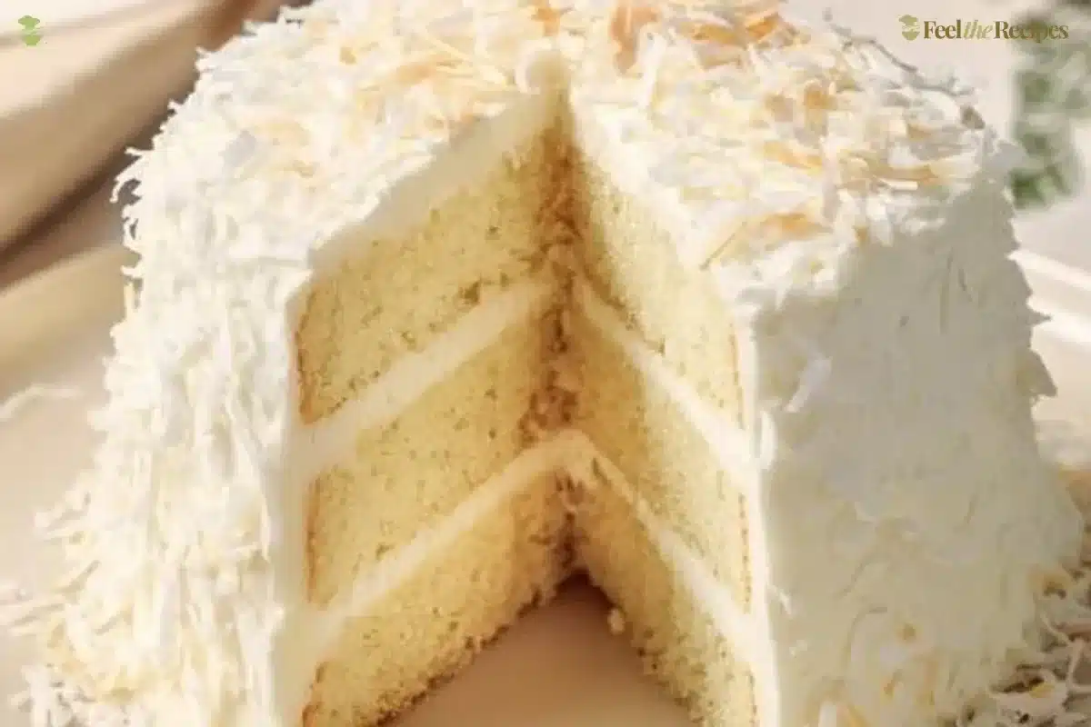 Delicious homemade coconut cake with frosting and coconut flakes