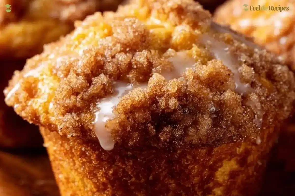 Freshly baked coffee cake muffins with crumbly topping on a wooden table