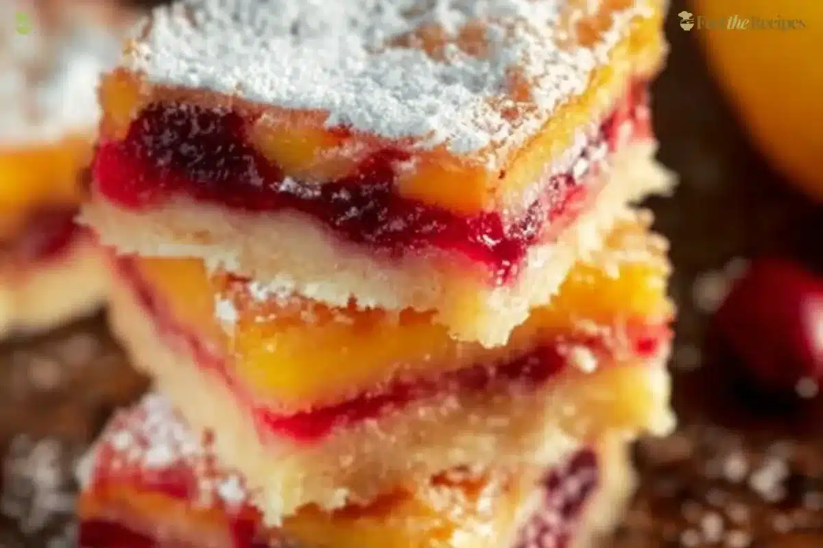 Freshly baked cranberry lemon bars on a decorative plate