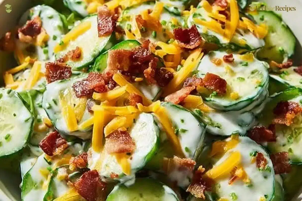 Creamy cucumber salad with bacon and cheese served in a bowl