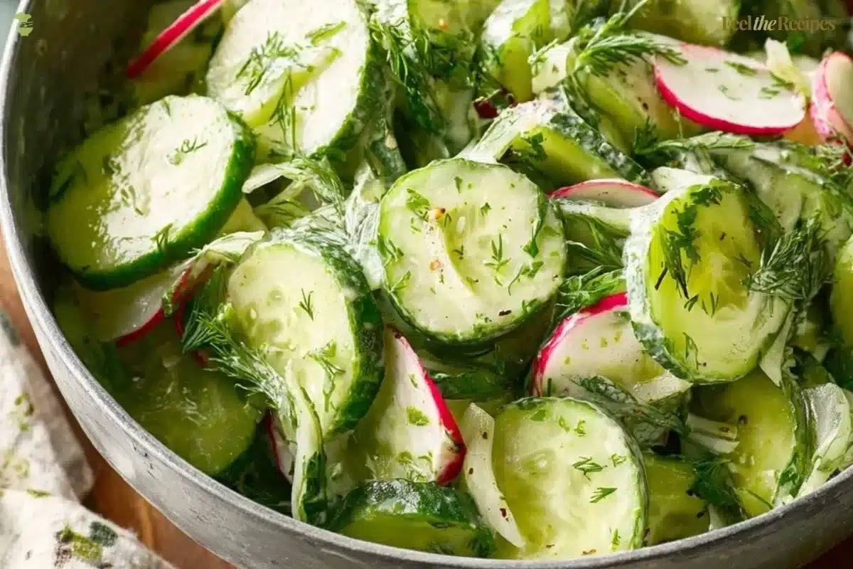 Fresh Cucumber Dill Salad with cucumbers, dill, and dressing served in a bowl.