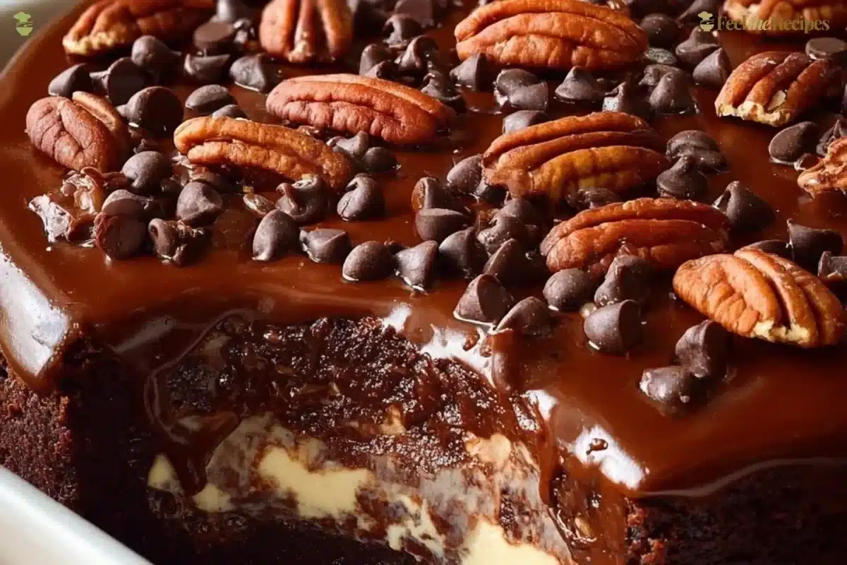 Homemade Earthquake Cake topped with cream cheese icing and pecans