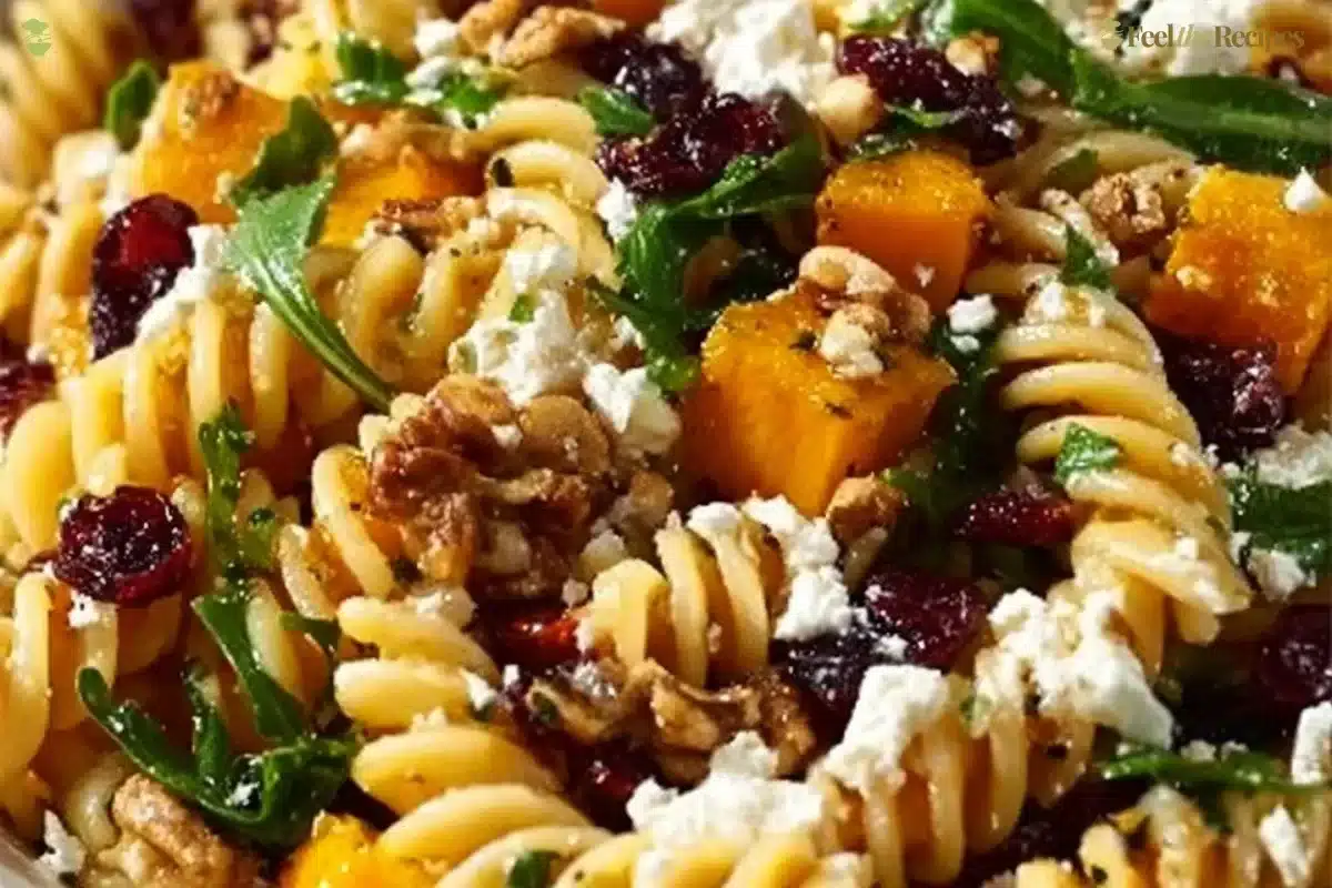 Colorful Fall Harvest Pasta Salad with seasonal vegetables and dressing