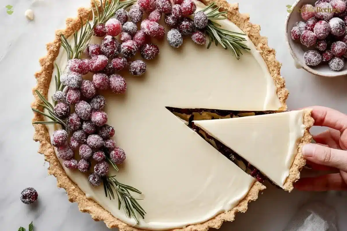 Festive white chocolate cranberry tart topped with fresh cranberries and white chocolate shavings