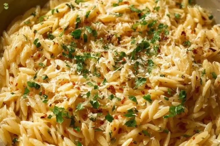 Creamy Garlic Parmesan Orzo served in a bowl with fresh herbs