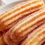 Healthy baked churro bites on a plate topped with cinnamon sugar.