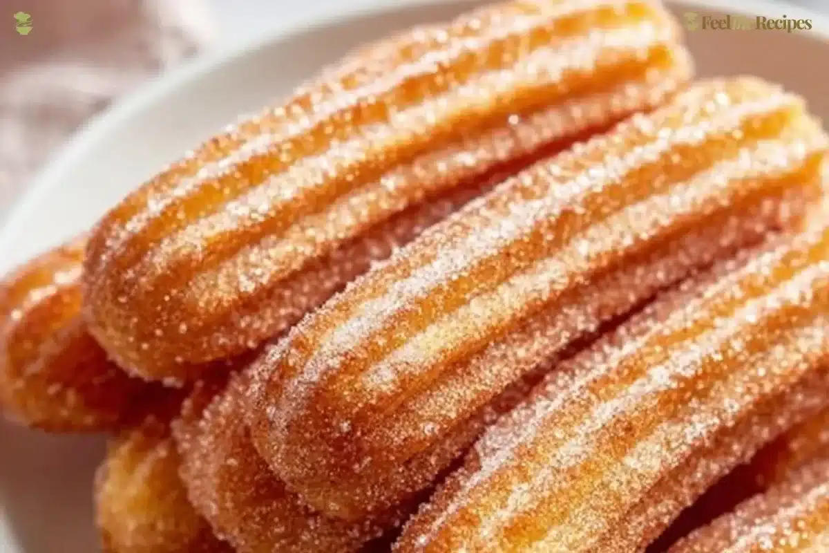 Healthy baked churro bites on a plate topped with cinnamon sugar.