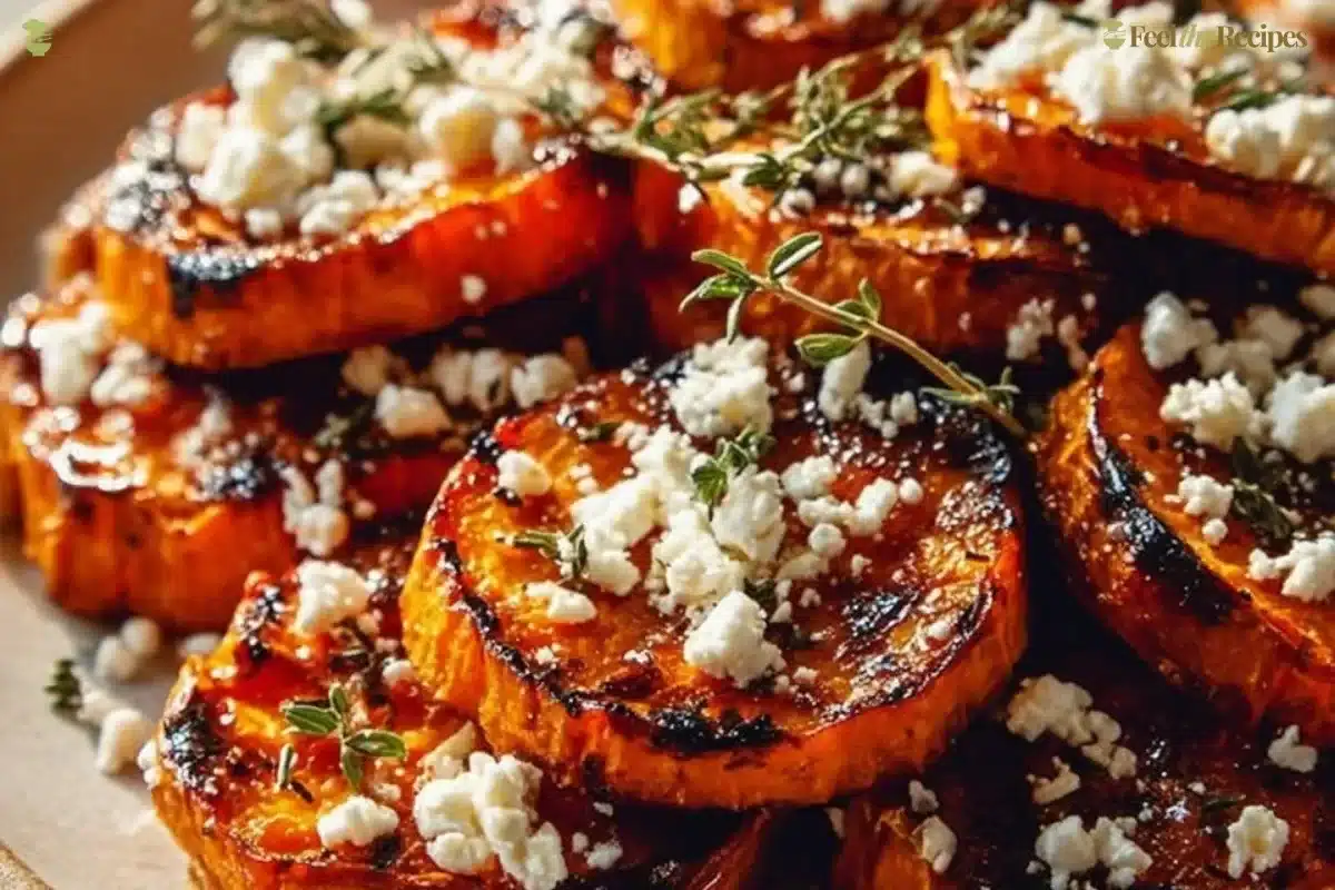 Honey Feta Sweet Potato Rounds topped with drizzled honey and herbs