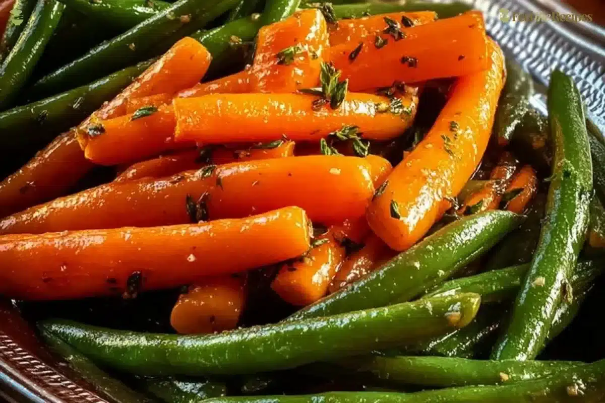 Plate of honey glazed carrots and green beans garnished with herbs