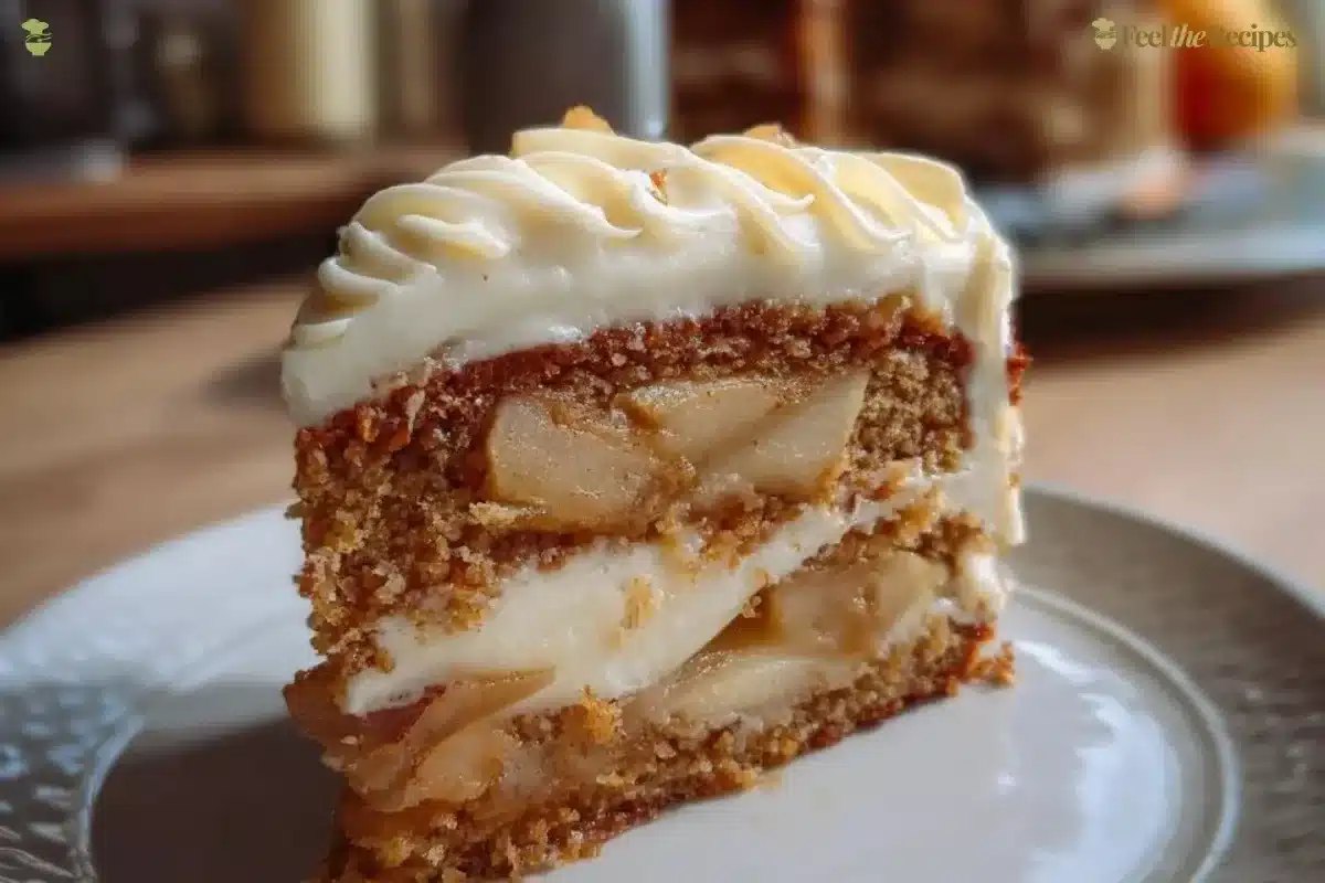 Irresistible fresh apple cake with cream cheese frosting on a plate