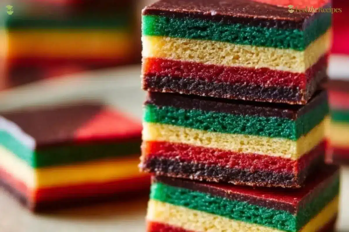 Colorful Italian Rainbow Cookies stacked on a plate