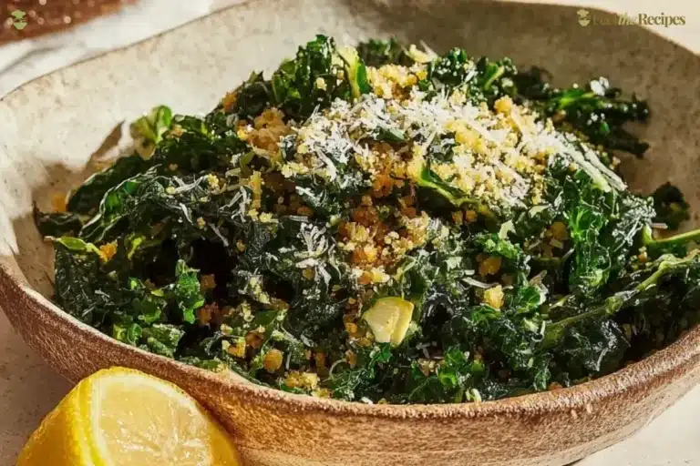 Lemon Parm Kale Salad featuring fresh kale, lemon zest, and parmesan cheese.