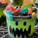 Oogie Boogie Pudding Dirt Cups decorated for Halloween