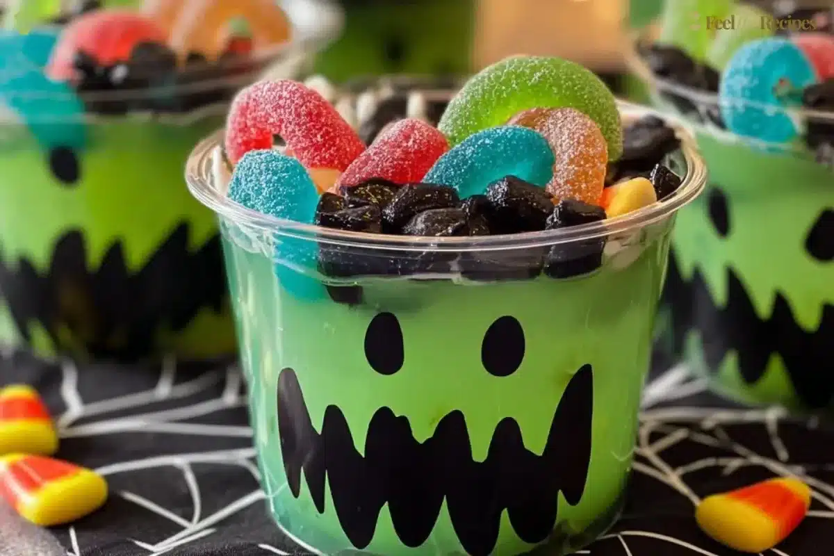 Oogie Boogie Pudding Dirt Cups decorated for Halloween