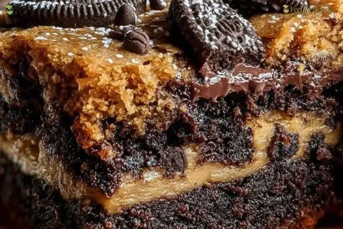 Decadent Slutty Brownies with layers of cookie dough and Oreos