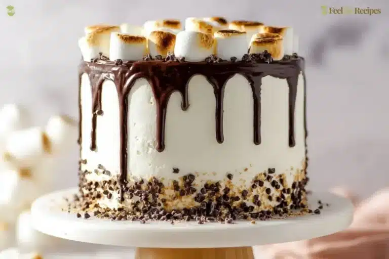 Decadent smores chocolate cake topped with marshmallows and chocolate drizzle