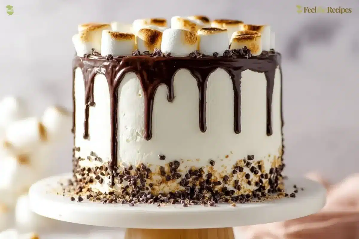 Decadent smores chocolate cake topped with marshmallows and chocolate drizzle