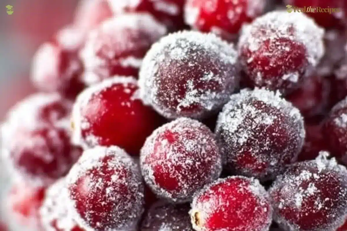 Bowl of sugared cranberries glistening with sugar crystals, ideal for festive decor.